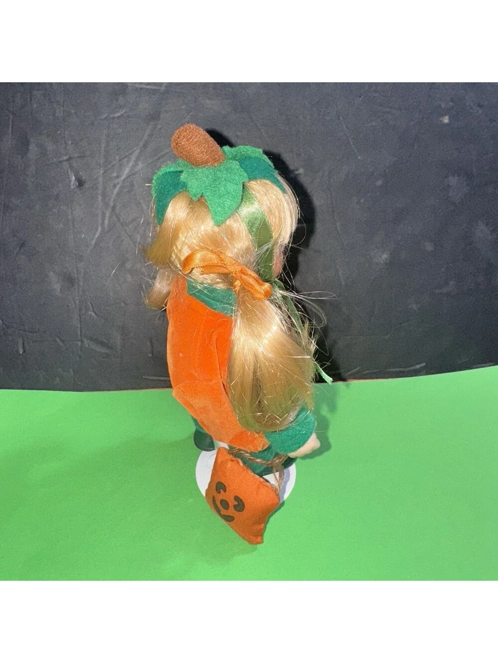 Vintage Blonde Porcelain Doll Pumpkin Costume Halloween Trick or Treat 9”
